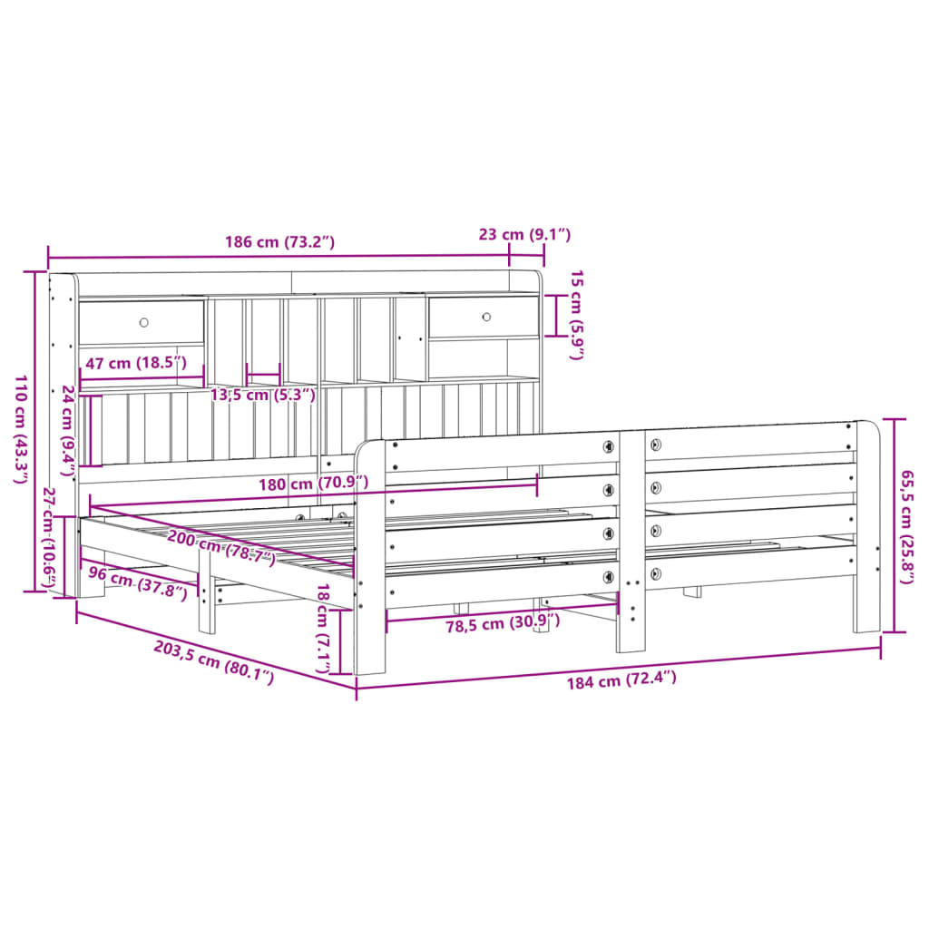 Lit bibliothèque sans matelas blanc 180x200 cm bois pin massif - XIOS