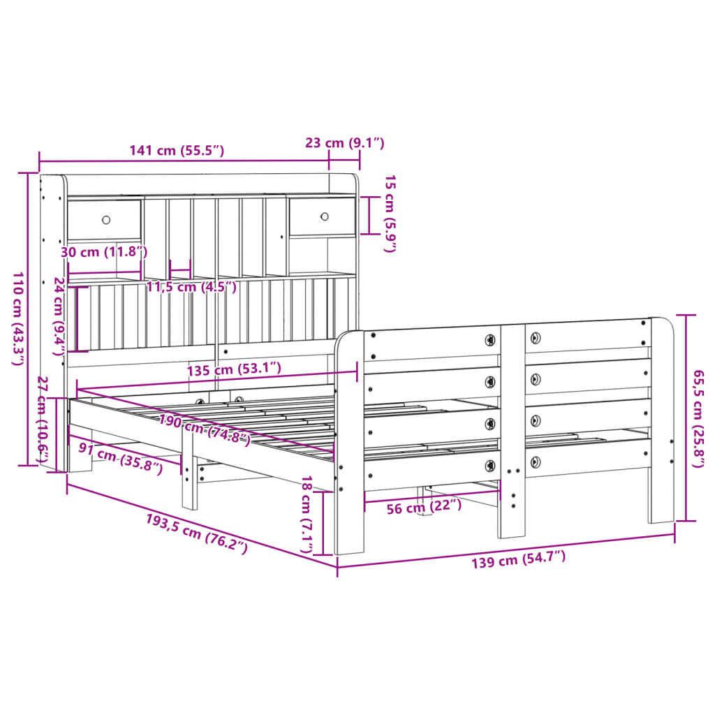 Lit bibliothèque sans matelas blanc 135x190 cm bois pin massif - XIOS