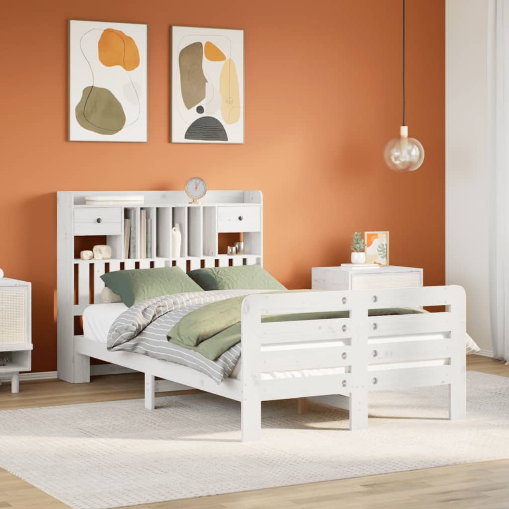 Lit bibliothèque sans matelas blanc 135x190 cm bois pin massif - XIOS