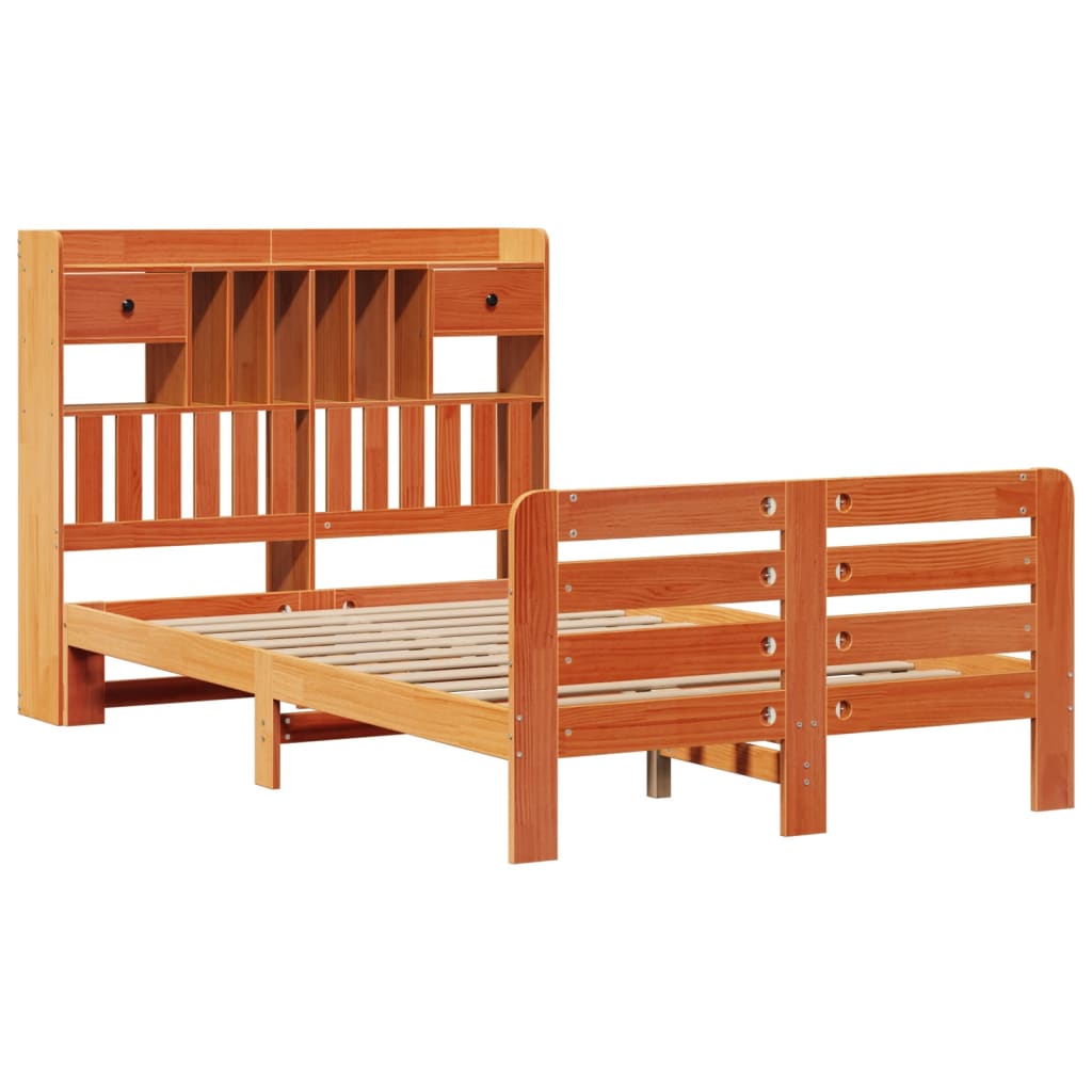 Lit bibliothèque sans matelas cire marron 135x190 cm pin massif - XIOS