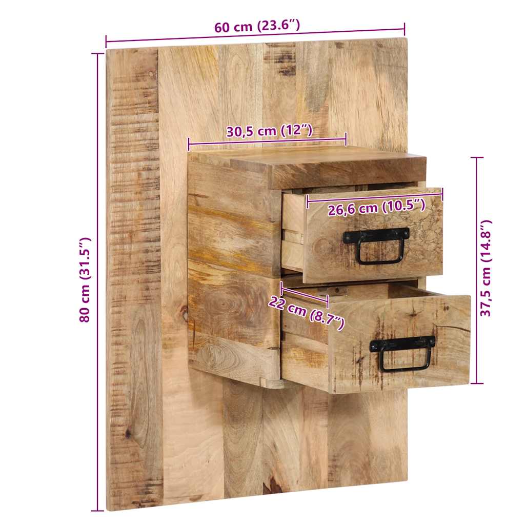Table de chevet 60x32x80 cm bois massif de manguier brut - XIOS