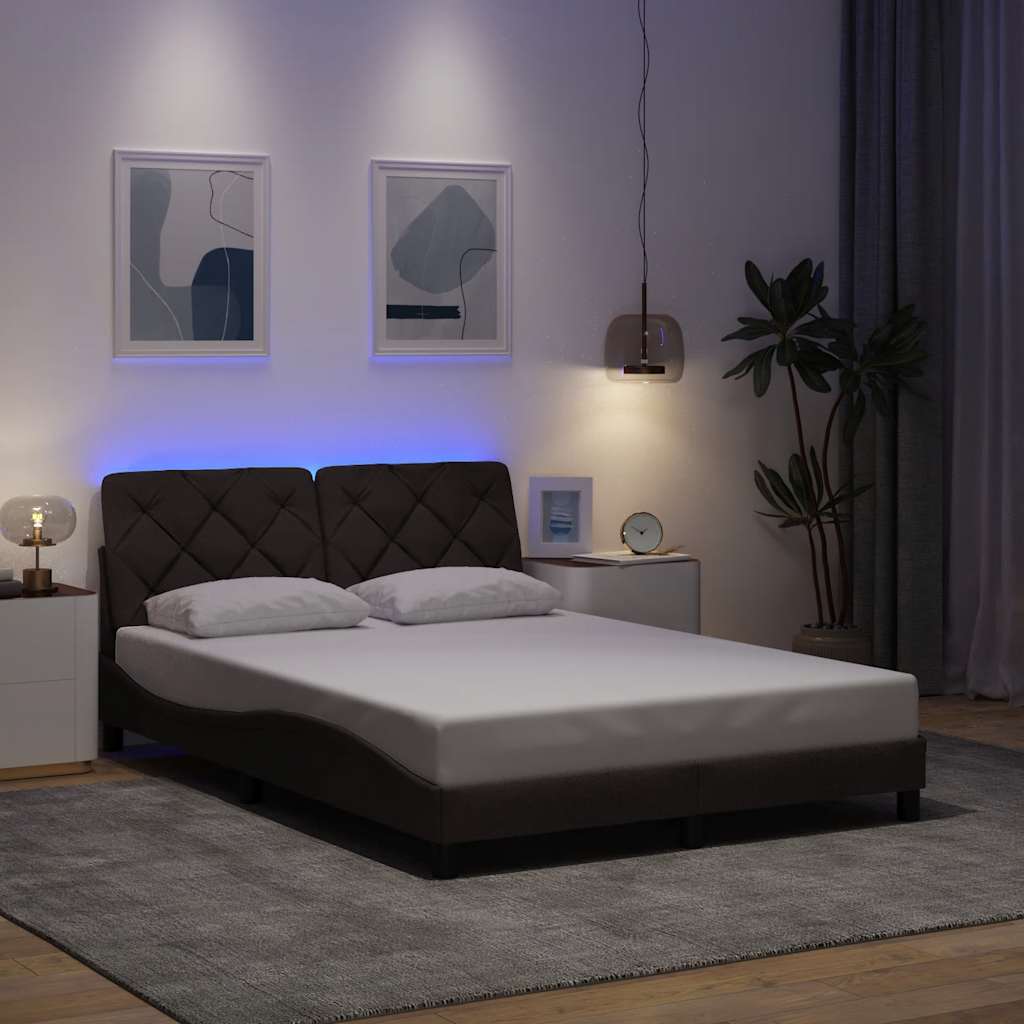 Cadre de lit avec LED sans matelas marron foncé 140x200cm tissu - XIOS