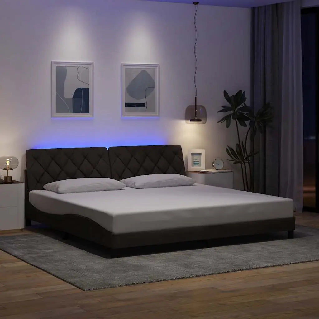 Cadre de lit avec LED sans matelas marron foncé 200x200cm tissu - XIOS