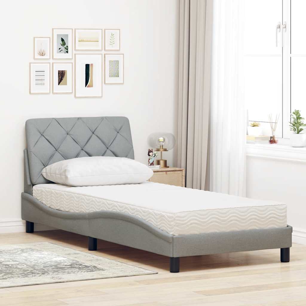 Lit avec matelas gris clair 90x200 cm tissu - XIOS