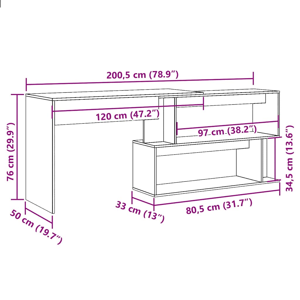 Bureau d'angle vieux bois 200,5x50x76 cm bois d'ingénierie - XIOS