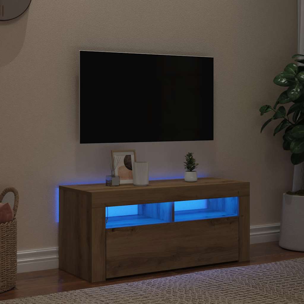 Meuble TV avec lumières LED chêne artisanal bois d'ingénierie - XIOS
