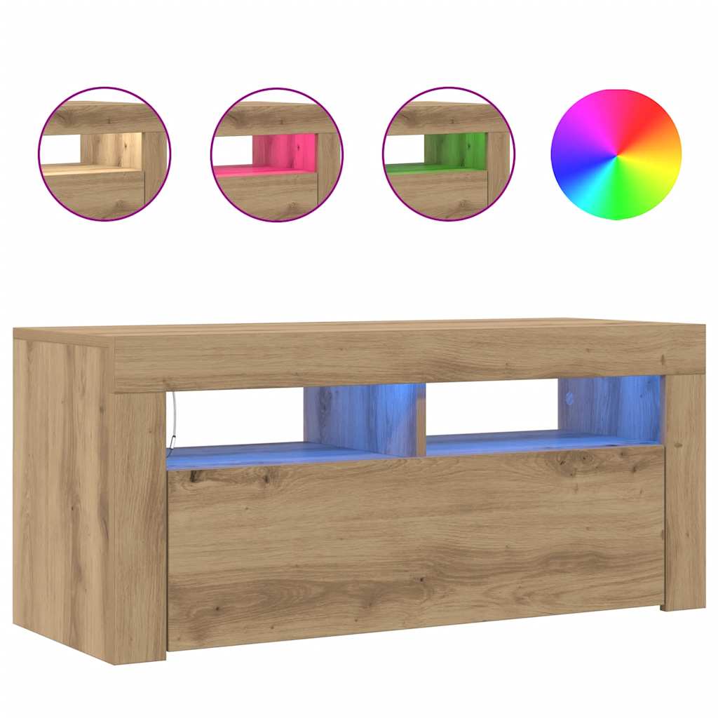 Meuble TV avec lumières LED chêne artisanal bois d'ingénierie - XIOS