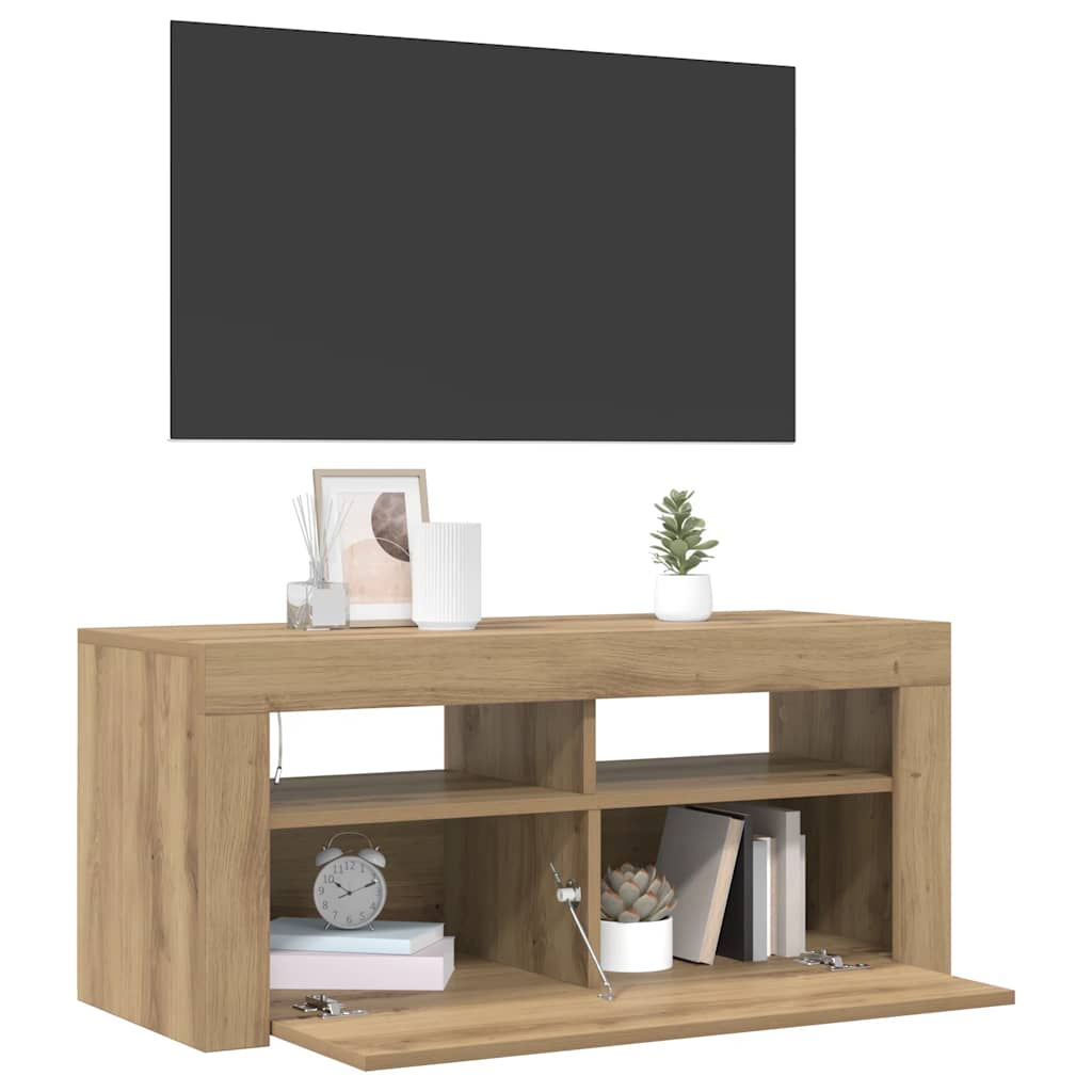 Meuble TV avec lumières LED chêne artisanal bois d'ingénierie - XIOS