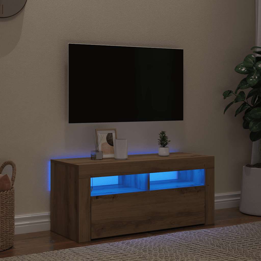 Meuble TV avec lumières LED chêne artisanal bois d'ingénierie - XIOS