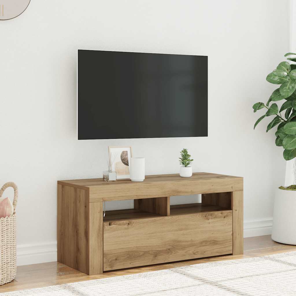 Meuble TV avec lumières LED chêne artisanal bois d'ingénierie - XIOS