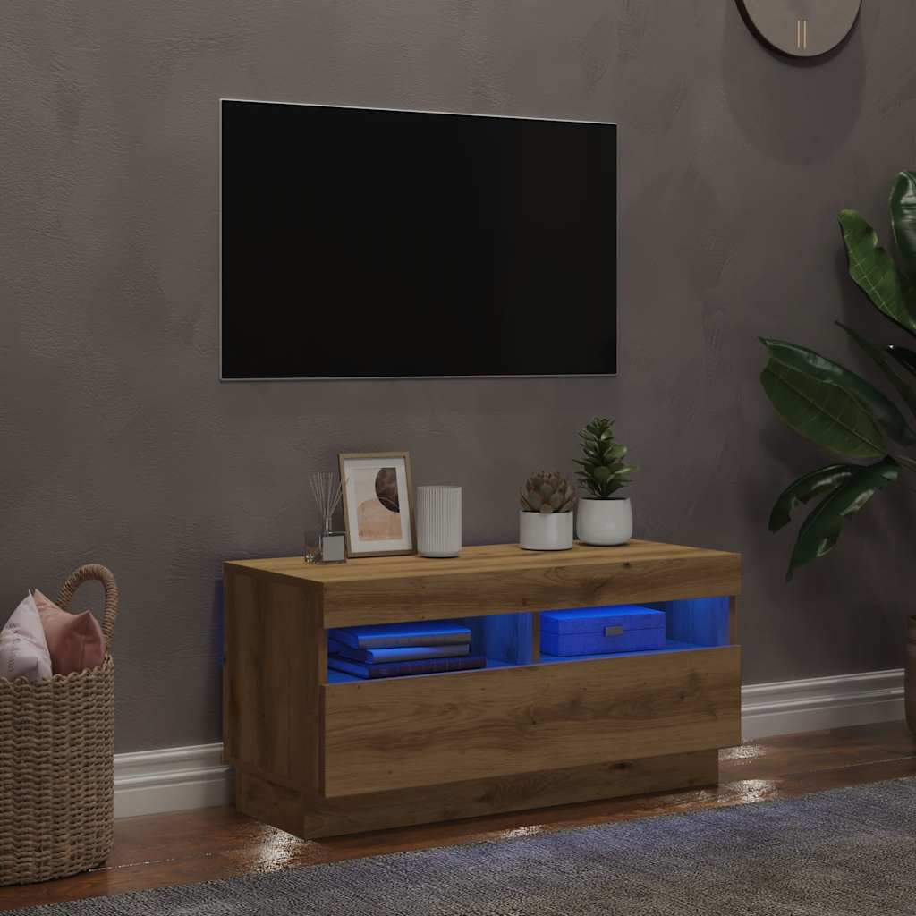 Meuble TV avec lumières LED chêne artisanal bois d'ingénierie - XIOS