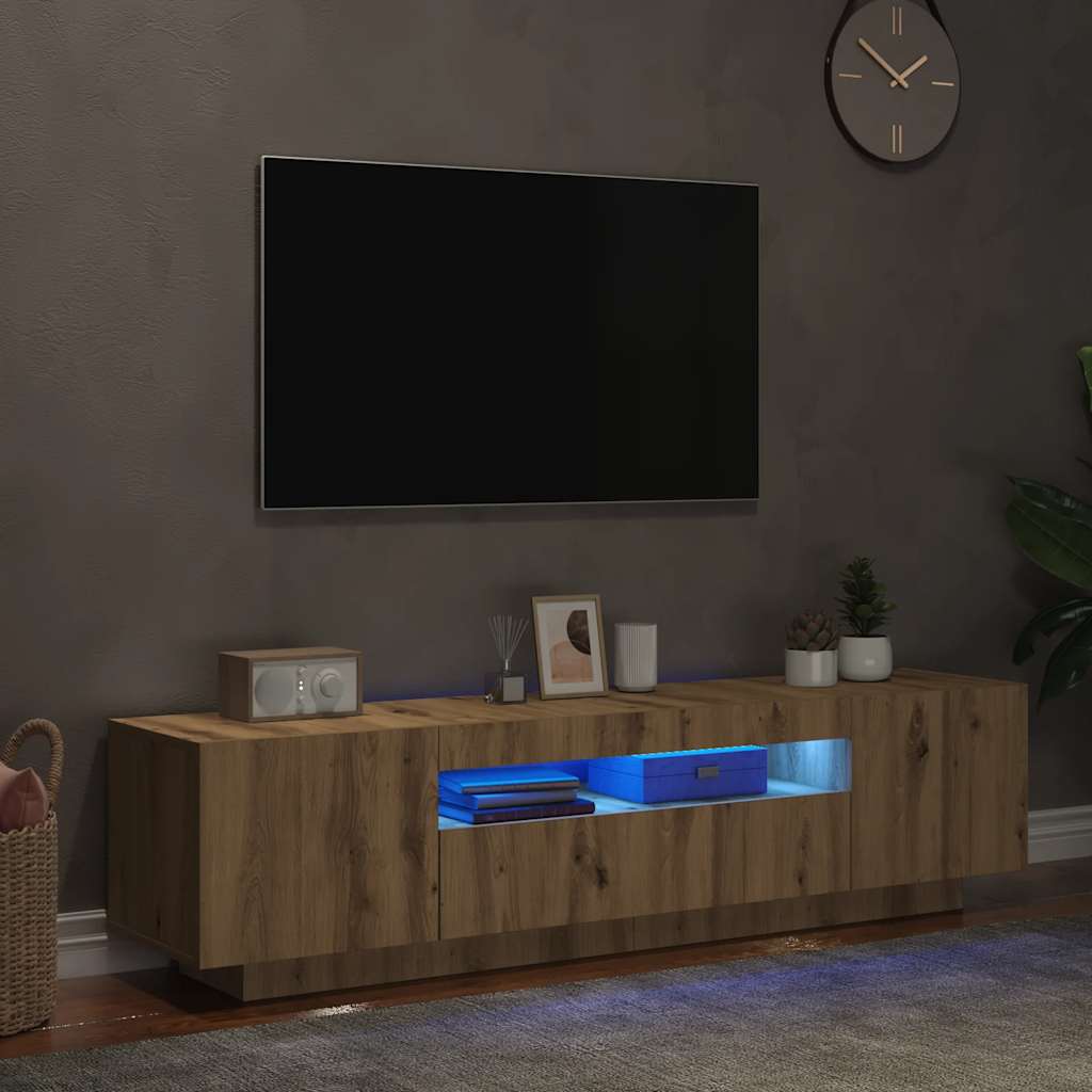 Meuble TV avec lumières LED chêne artisanal bois d'ingénierie