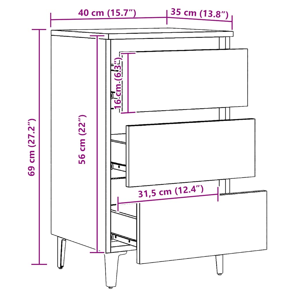 Table de chevet avec pieds en métal chêne artisanal 40x35x69 cm