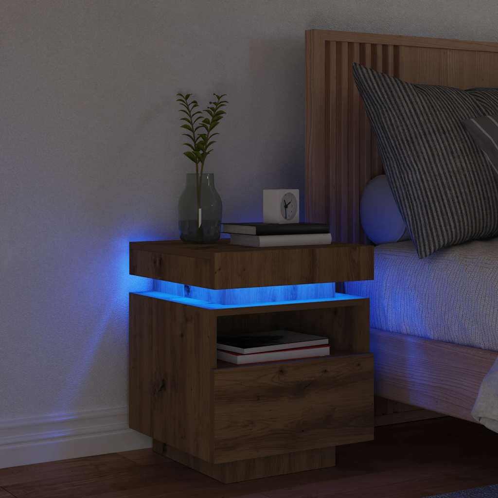 Armoire de chevet et lumières LED chêne artisanal 40x39x48,5 cm - XIOS