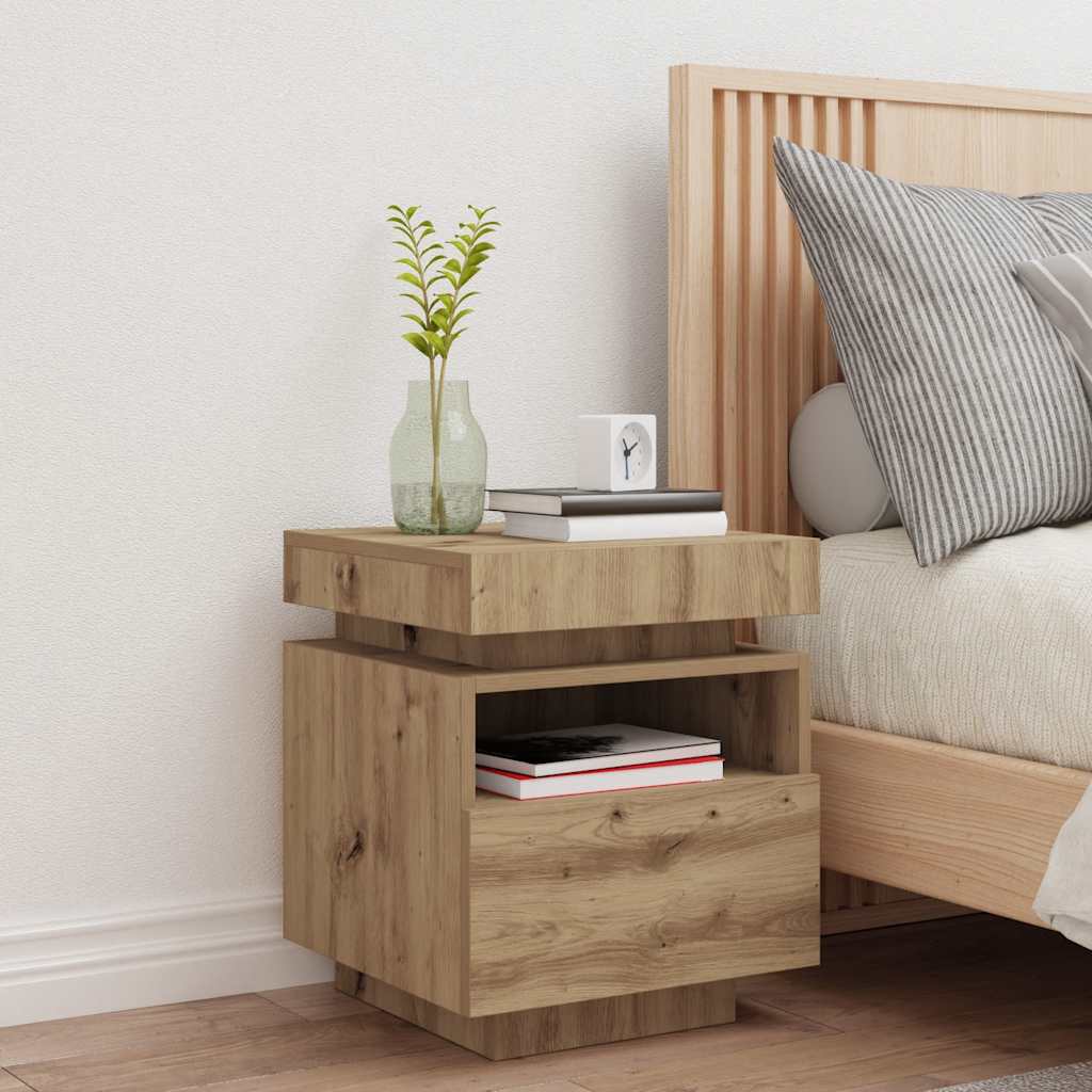 Armoire de chevet et lumières LED chêne artisanal 40x39x48,5 cm - XIOS