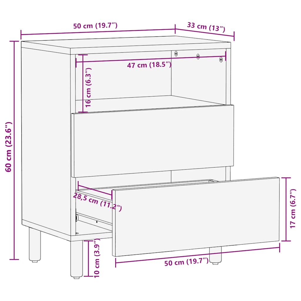 Table de chevet marron 50x33x60 cm bois de manguier massif - XIOS