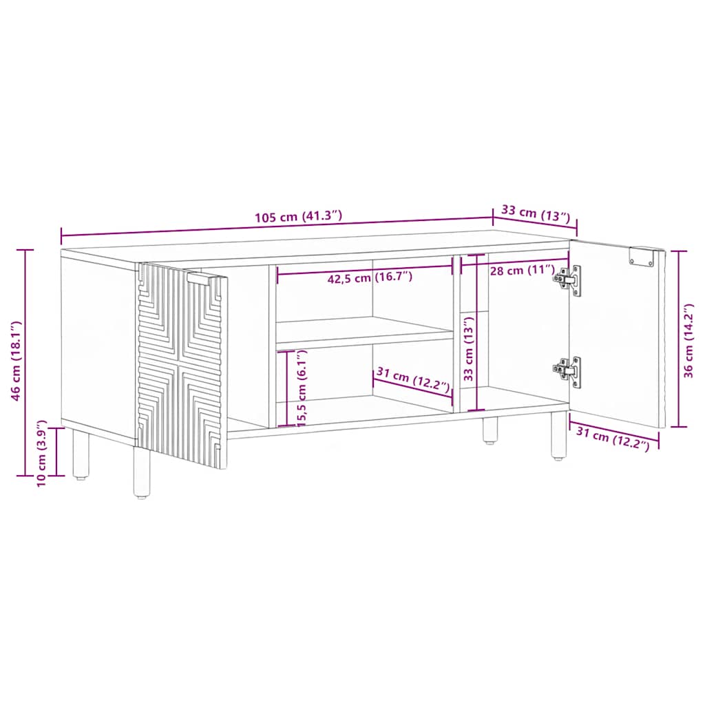 Meuble TV 105 x 33 x 46 cm en bois massif d'acacia - XIOS