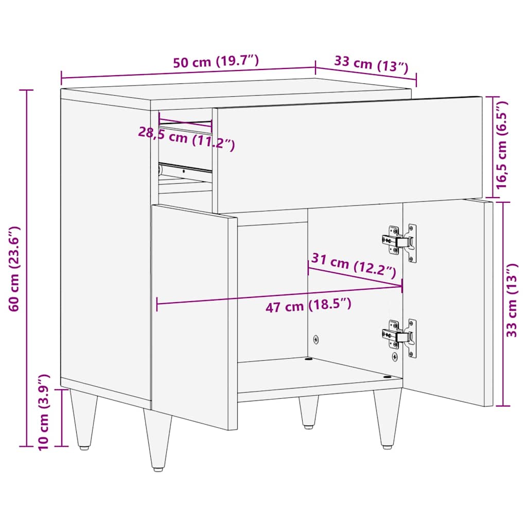 Table de chevet gris clair 50x33x60 cm bois de manguier massif - XIOS