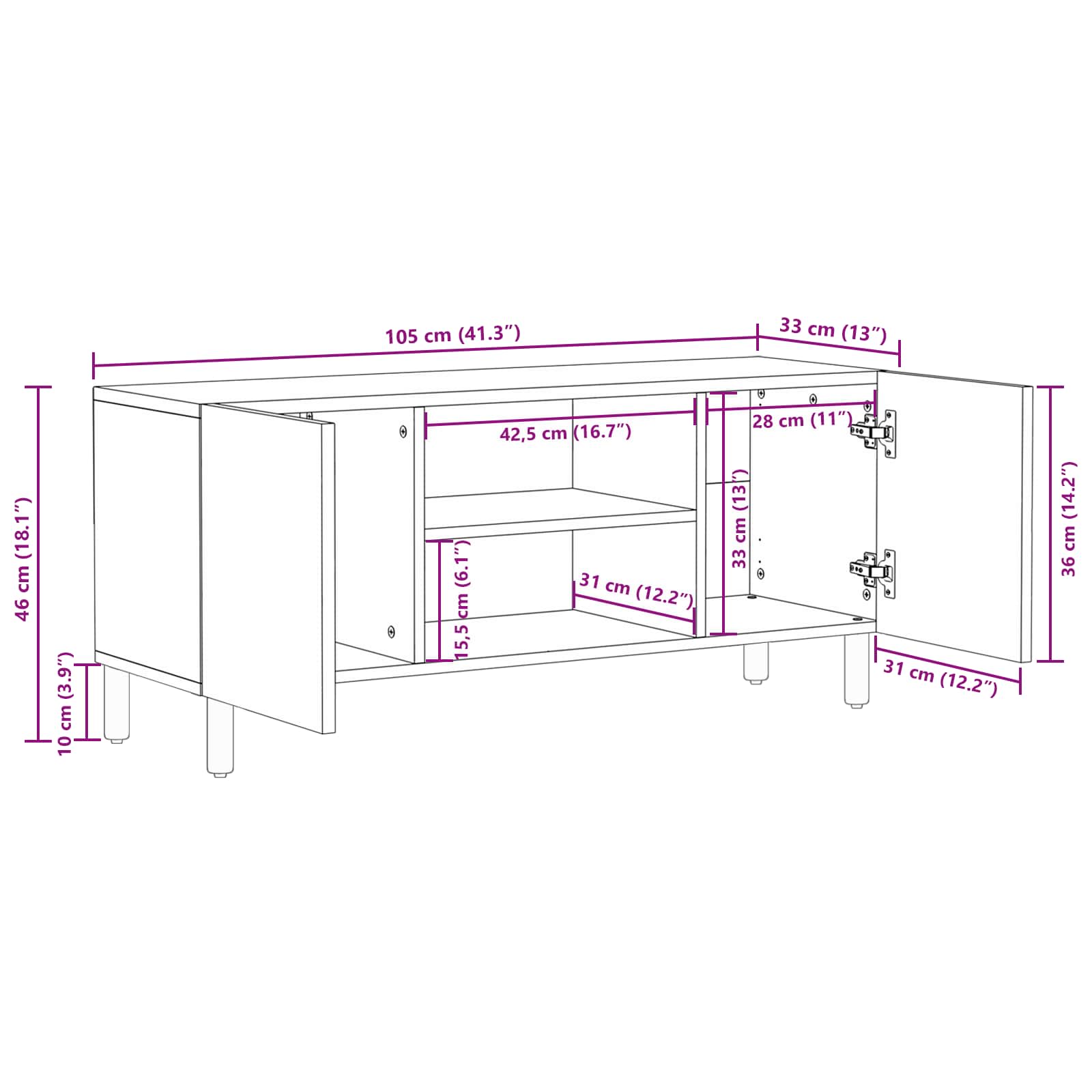 Meuble TV avec étagère Finition Lavage Blanc 105 x 33,5 x 46 cm - XIOS