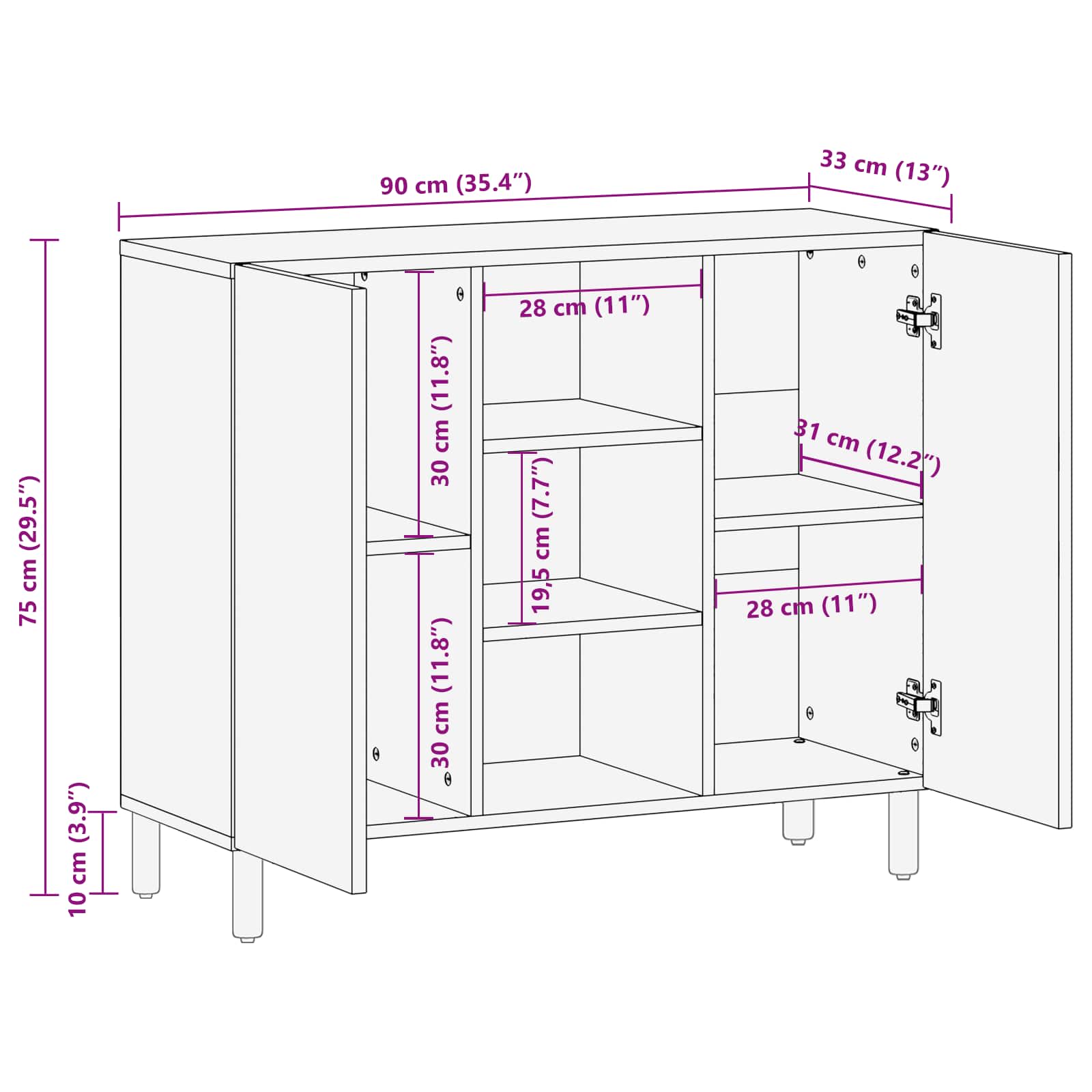 Buffet avec étagère Finition Lavage Blanc 90 x 33 x 75 cm - XIOS