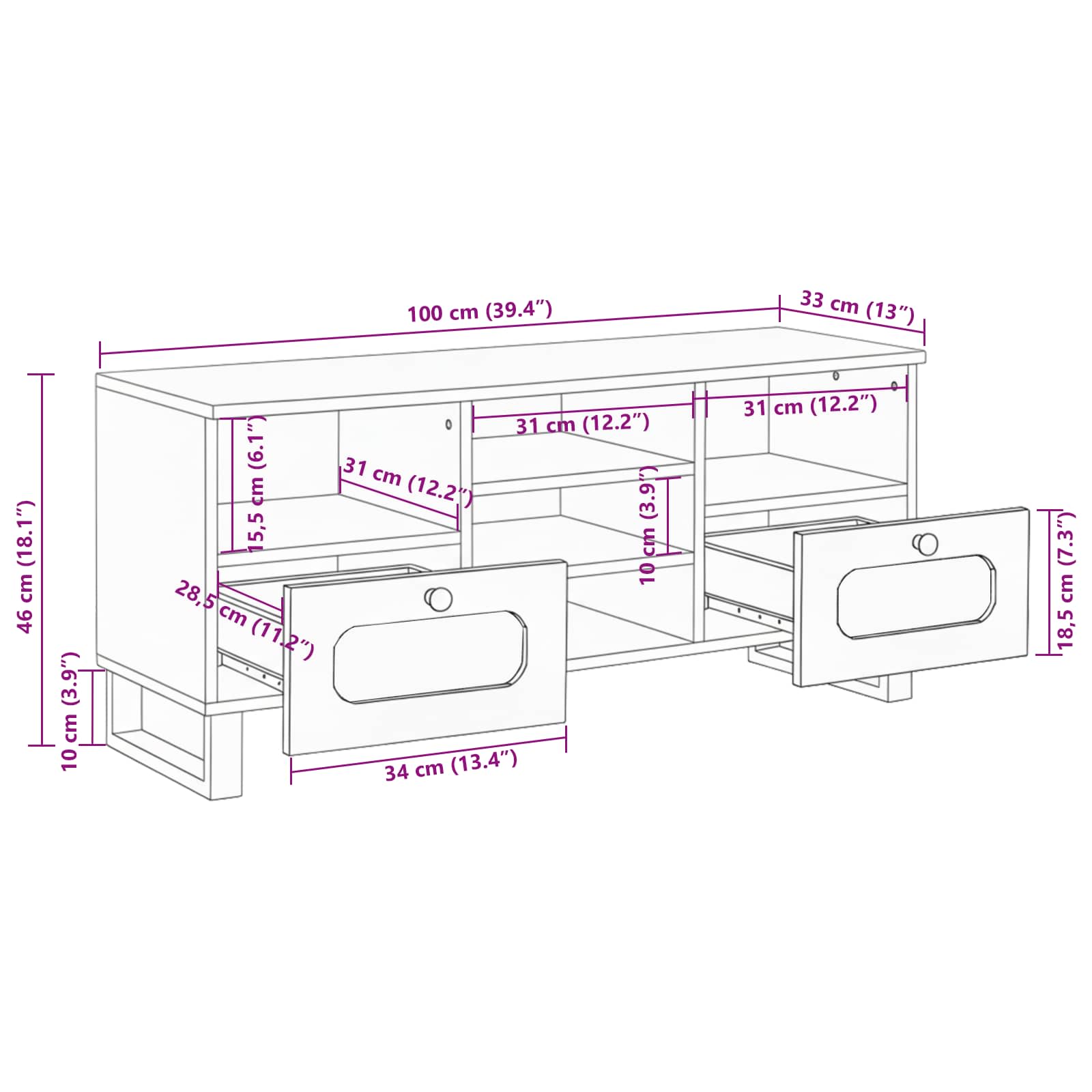 Meuble TV Marron 100 x 33 x 46 cm Bois de mangue massif - XIOS