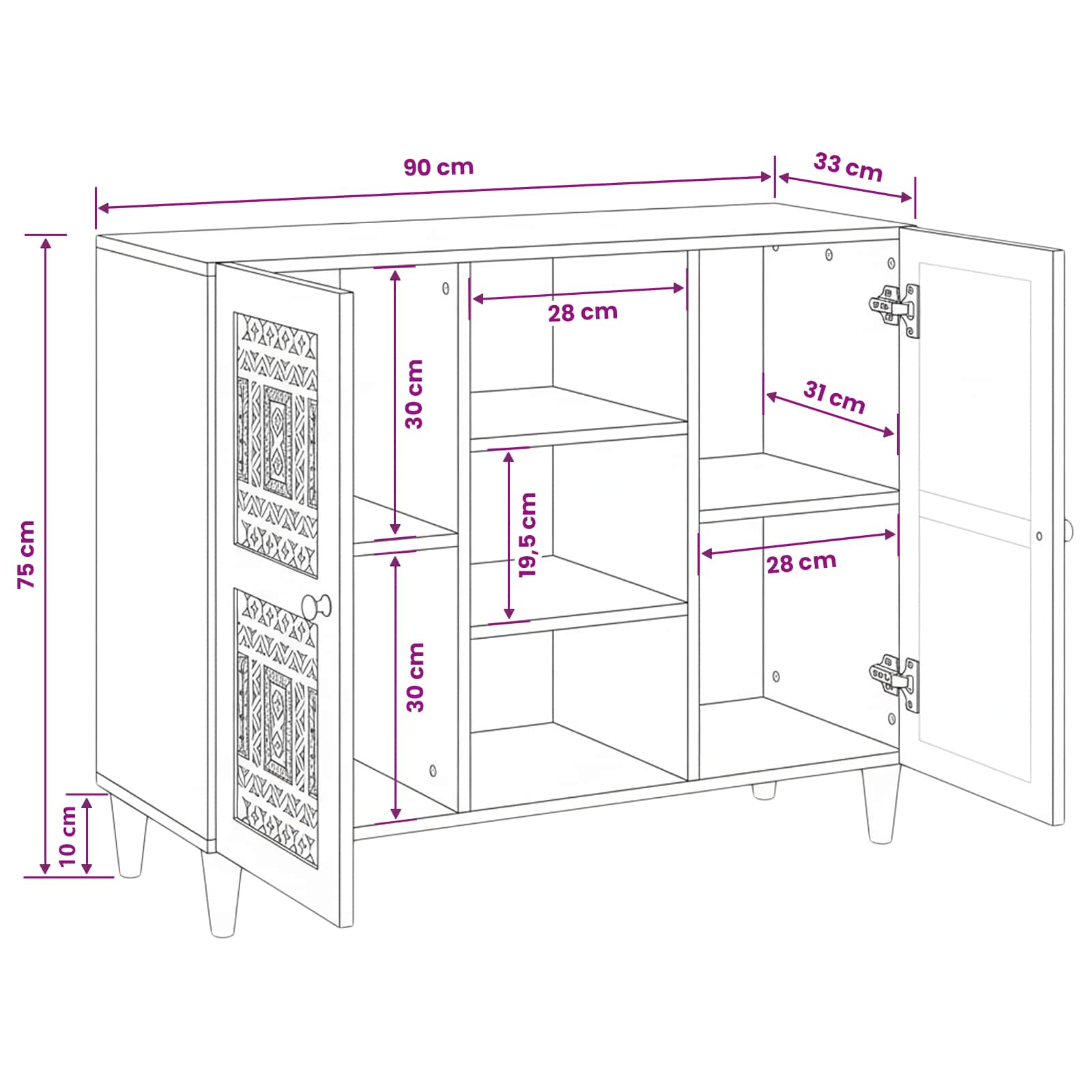 Buffet 90 x 33 x 75 cm Bois de mangue massif