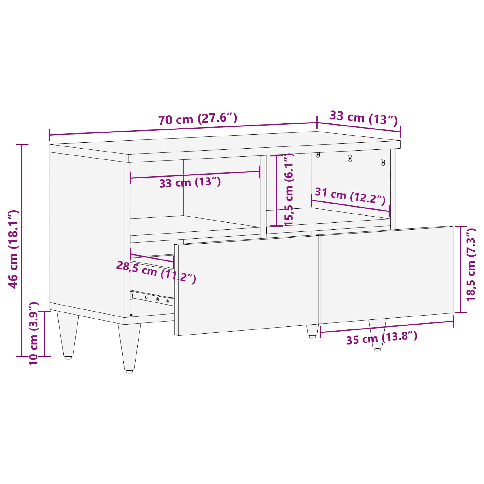 Meuble TV Noyer 70 x 33 x 46 cm Bois de mangue massif - XIOS