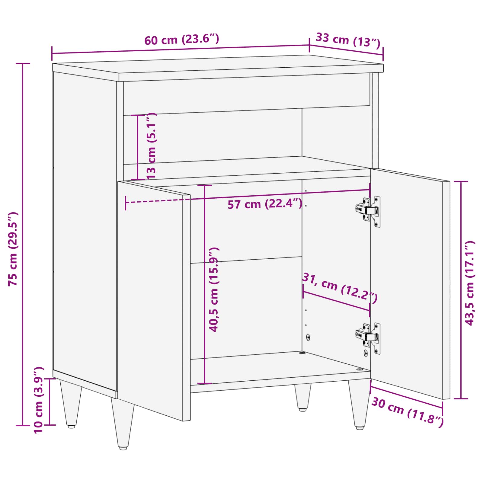 Buffet avec porte Noyer 60 x 33 x 75 cm Bois de mangue massif - XIOS