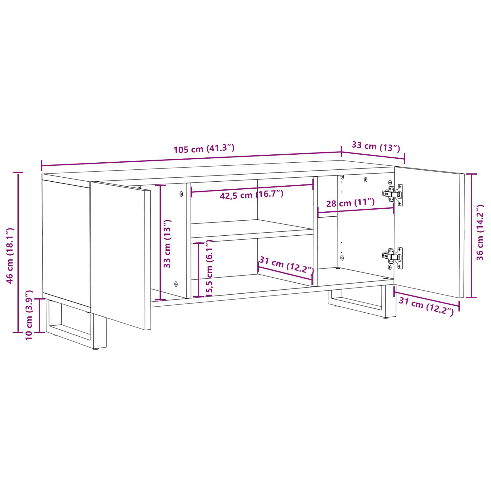 Meuble TV Marron 105 x 33 x 46 cm Bois de mangue massif - XIOS