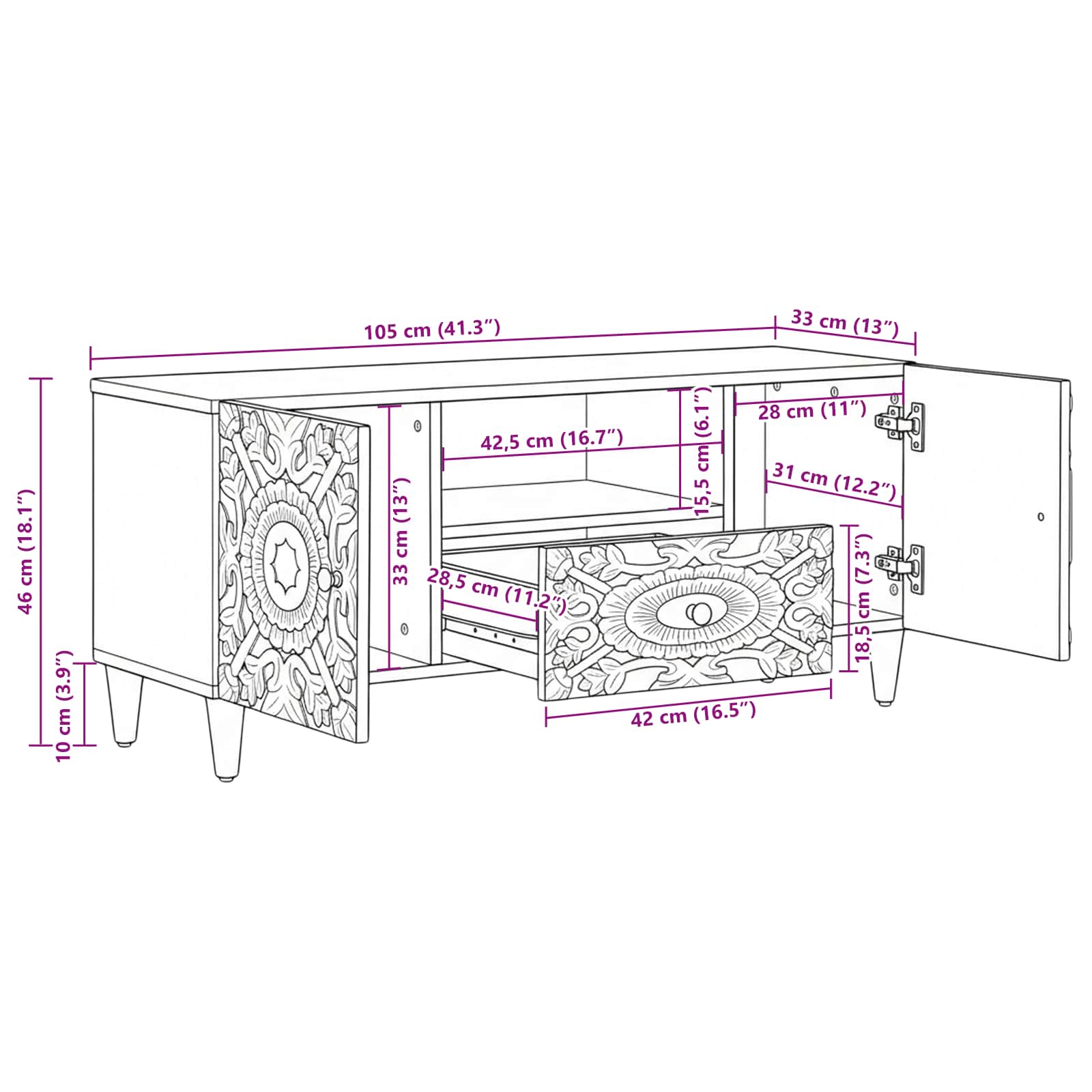 Meuble TV Marron 105 x 33,5 x 46 cm Bois de mangue massif - XIOS