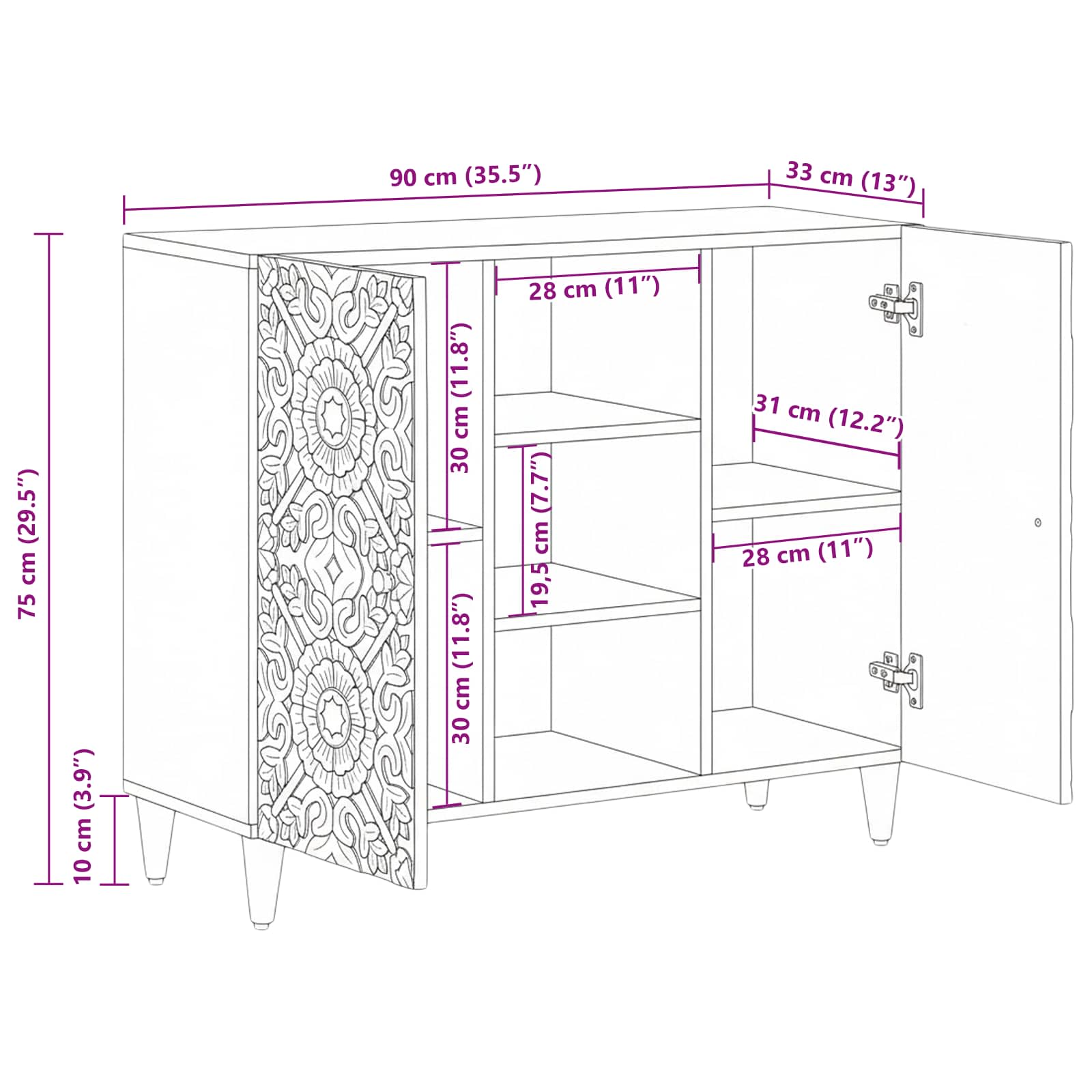 Buffet Marron 90 x 33,5 x 75 cm Bois de mangue massif - XIOS