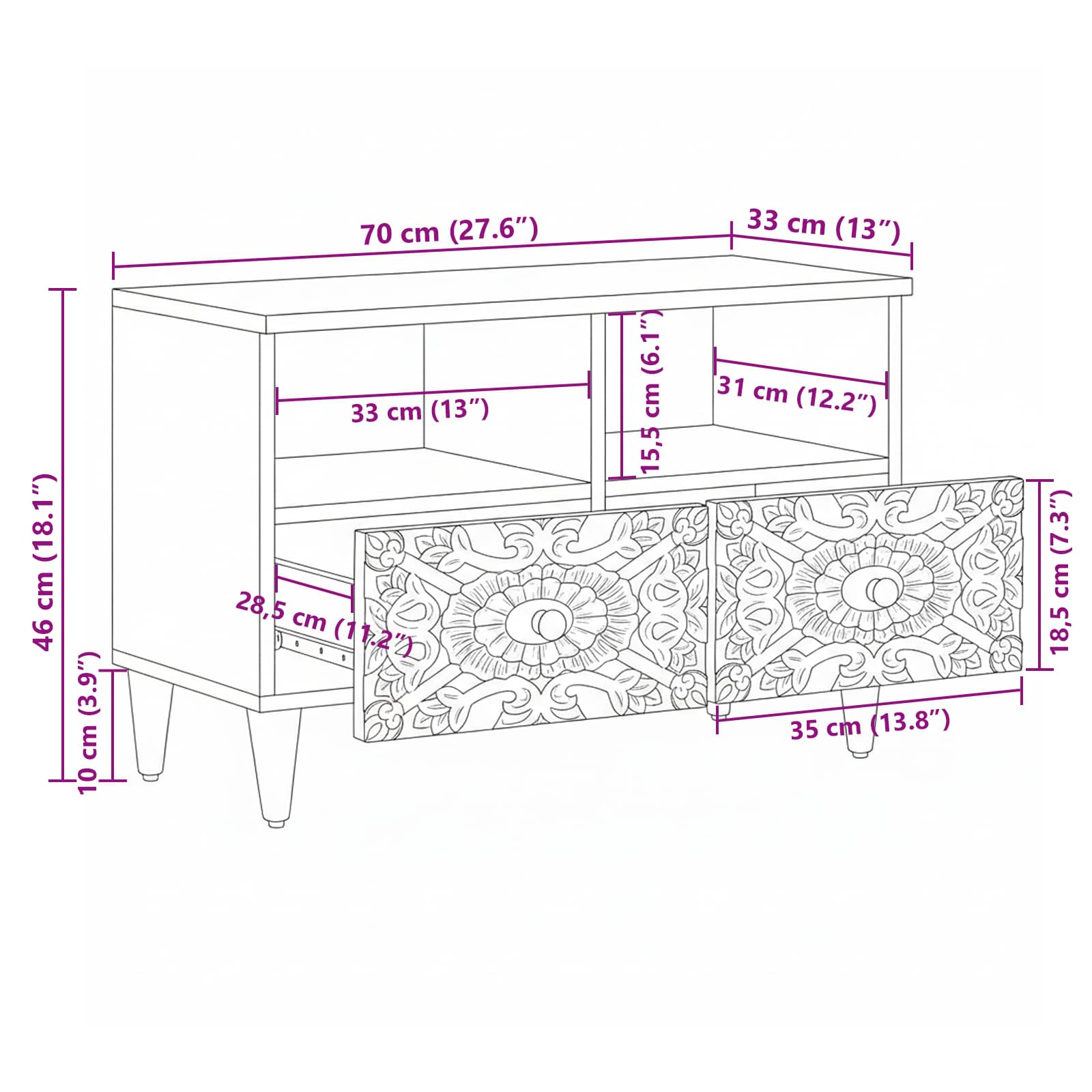 Meuble TV Blanc 70 x 33,5 x 46 cm Bois de mangue massif - XIOS
