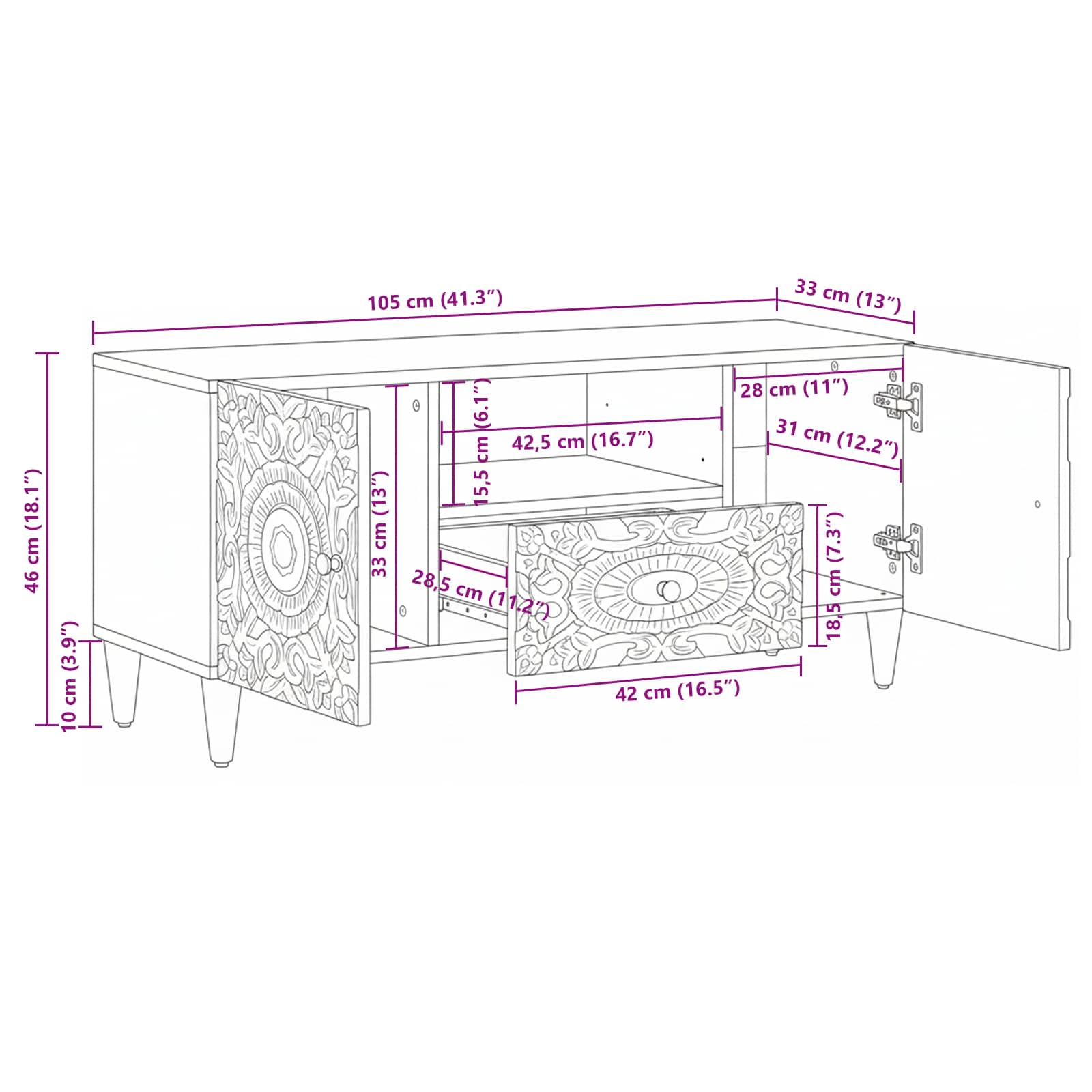 Meuble TV Blanc 105 x 33,5 x 46 cm Bois de mangue massif - XIOS