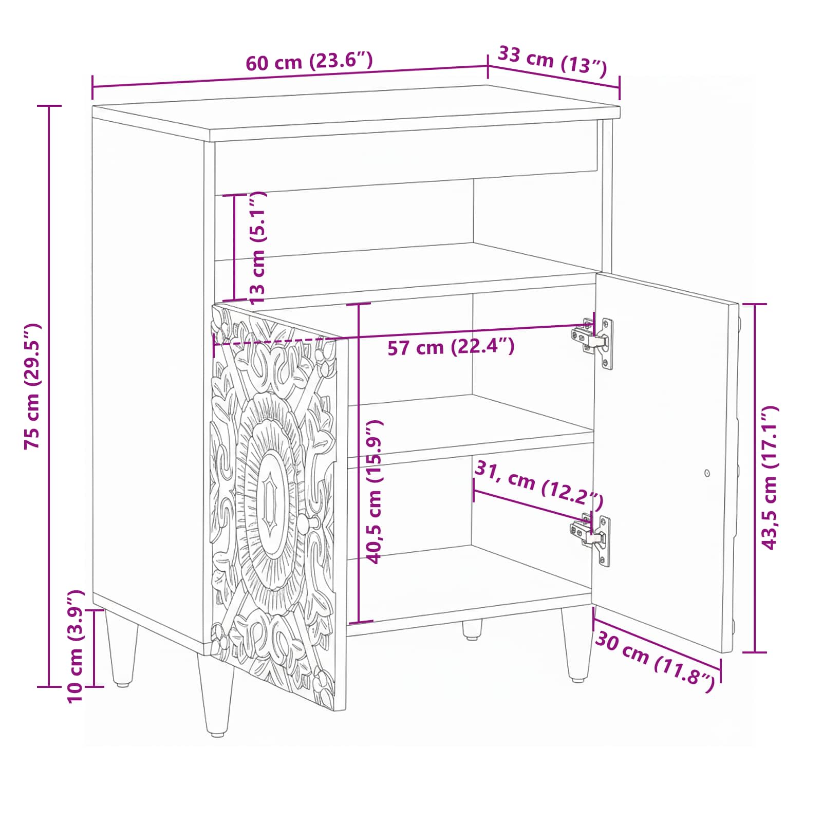 Buffet avec porte Blanc 60 x 33,5 x 75 cm Bois de mangue massif - XIOS