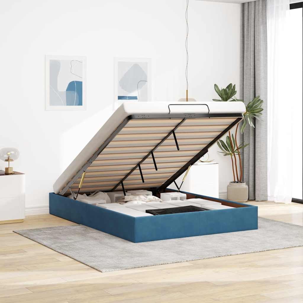 Cadre de lit ottoman sans matelas bleu foncé 140x190 cm velours - XIOS