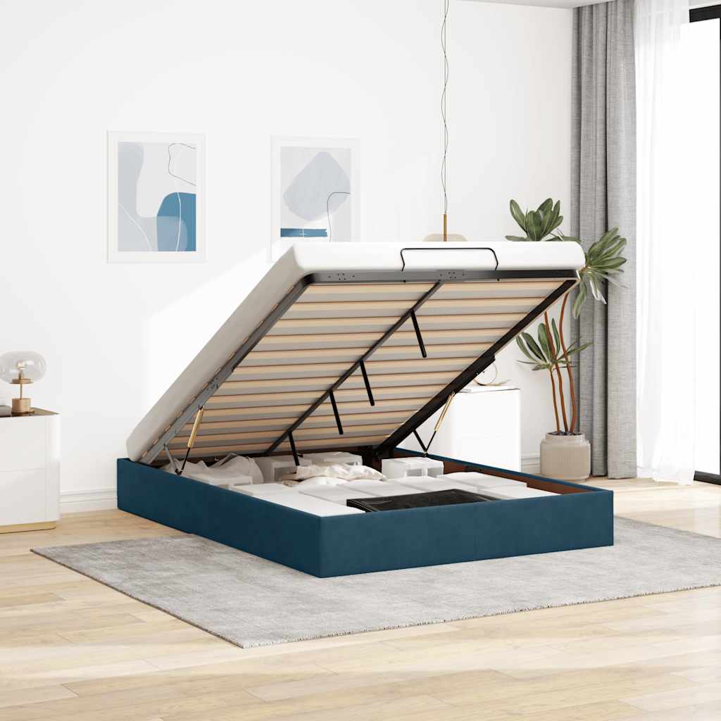 Cadre de lit ottoman sans matelas bleu foncé 140x190 cm velours - XIOS