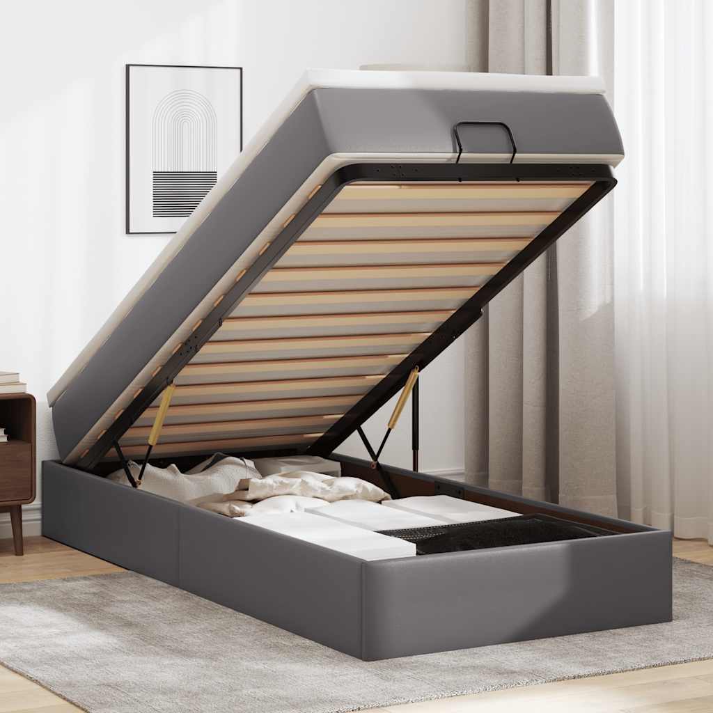 Cadre de lit ottoman avec matelas gris 80x200 cm similicuir - XIOS