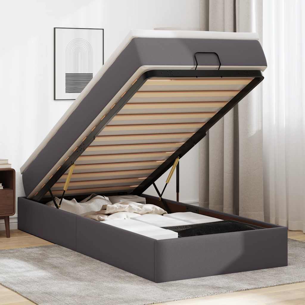 Cadre de lit ottoman avec matelas gris 90x190 cm similicuir - XIOS