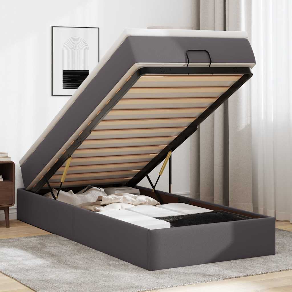 Cadre de lit ottoman avec matelas gris 90x200 cm similicuir - XIOS