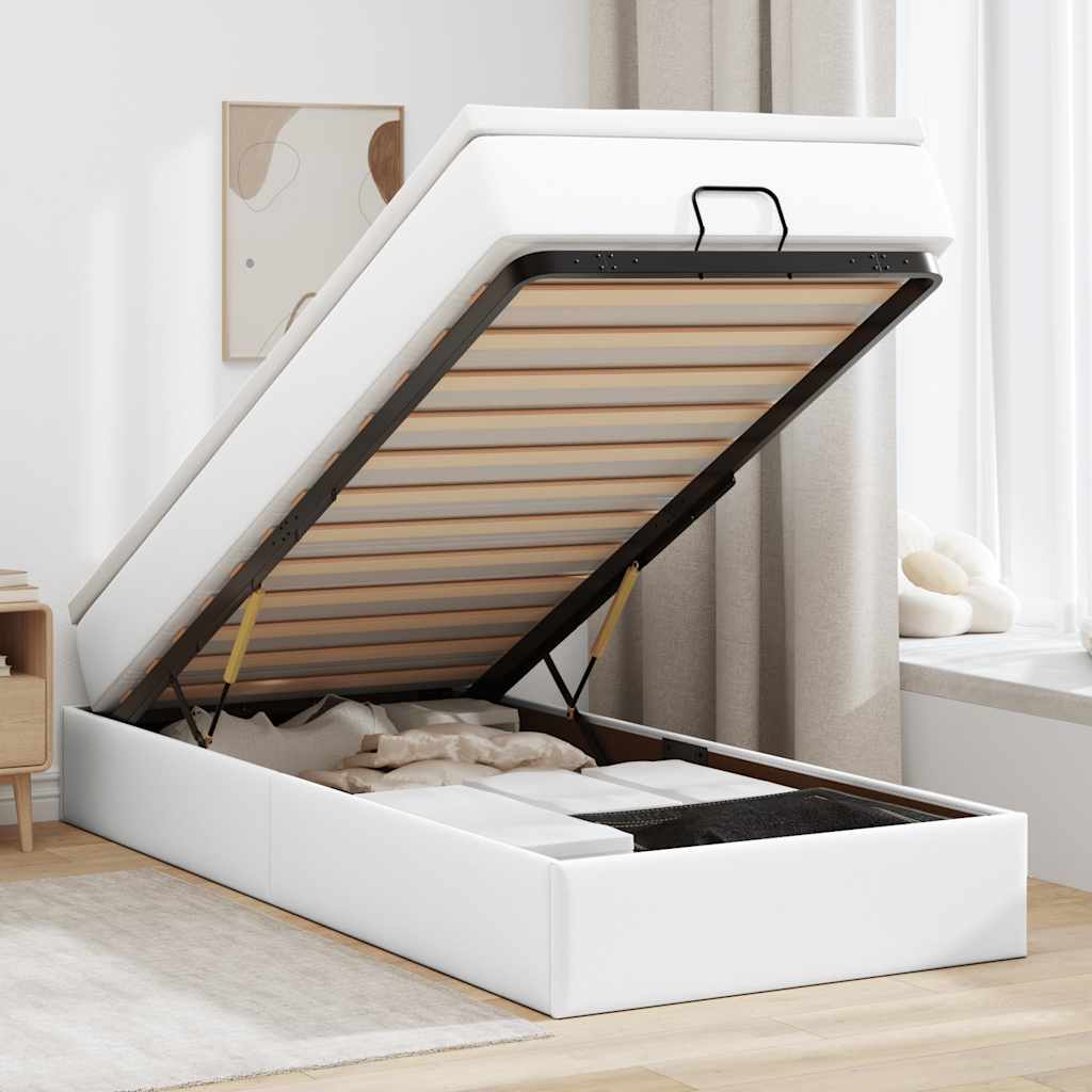 Cadre de lit ottoman avec matelas blanc 100x200 cm similicuir
