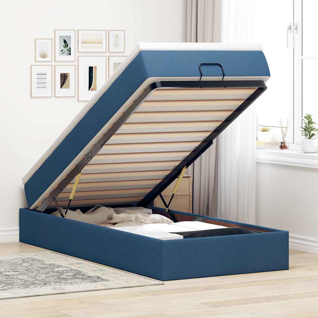 Cadre de lit ottoman avec matelas bleu 90x190 cm tissu - XIOS