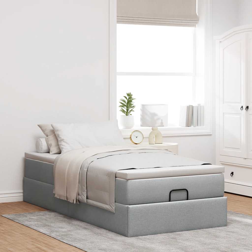 Cadre de lit ottoman et matelas gris clair 90x200 cm tissu - XIOS