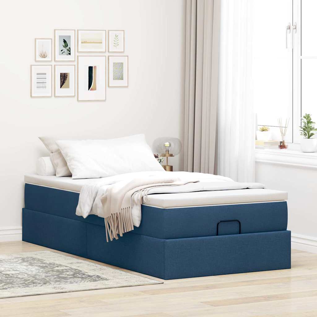 Cadre de lit ottoman avec matelas bleu 90x200 cm tissu - XIOS