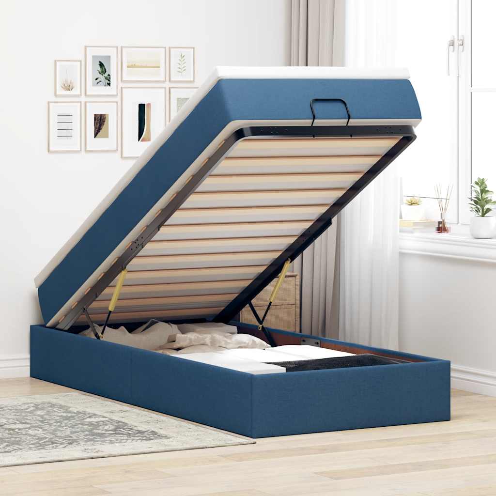 Cadre de lit ottoman avec matelas bleu 90x200 cm tissu - XIOS