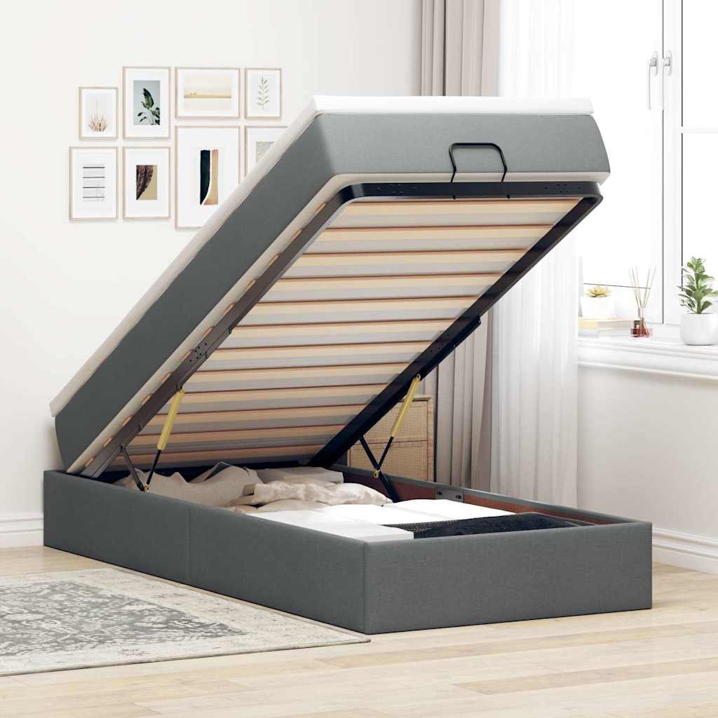 Cadre de lit ottoman avec matelas gris foncé 100x200 cm tissu - XIOS