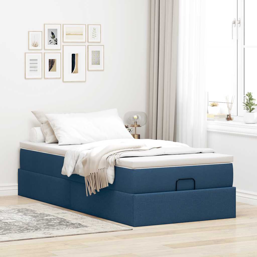 Cadre de lit ottoman avec matelas bleu 100x200 cm tissu - XIOS