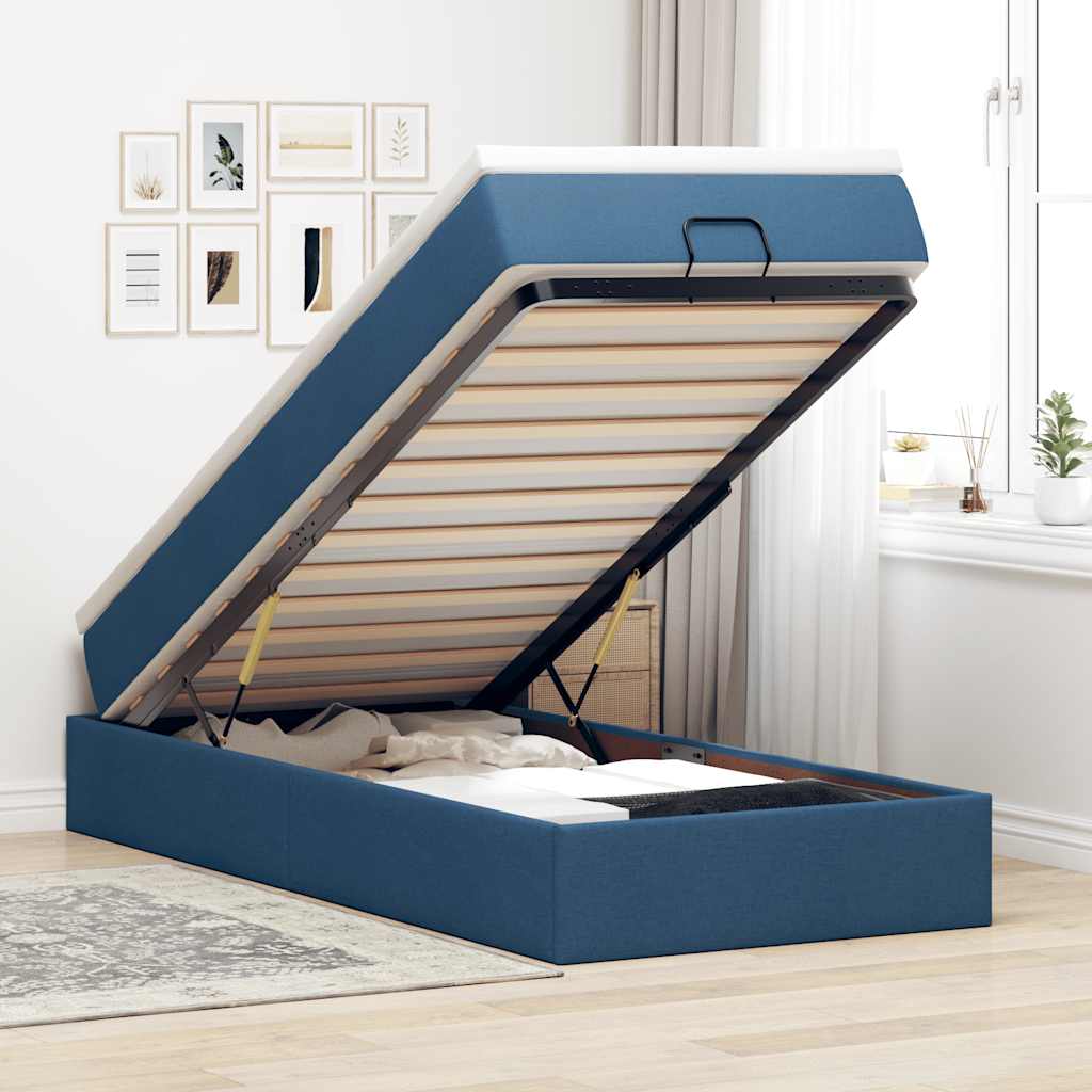 Cadre de lit ottoman avec matelas bleu 100x200 cm tissu - XIOS