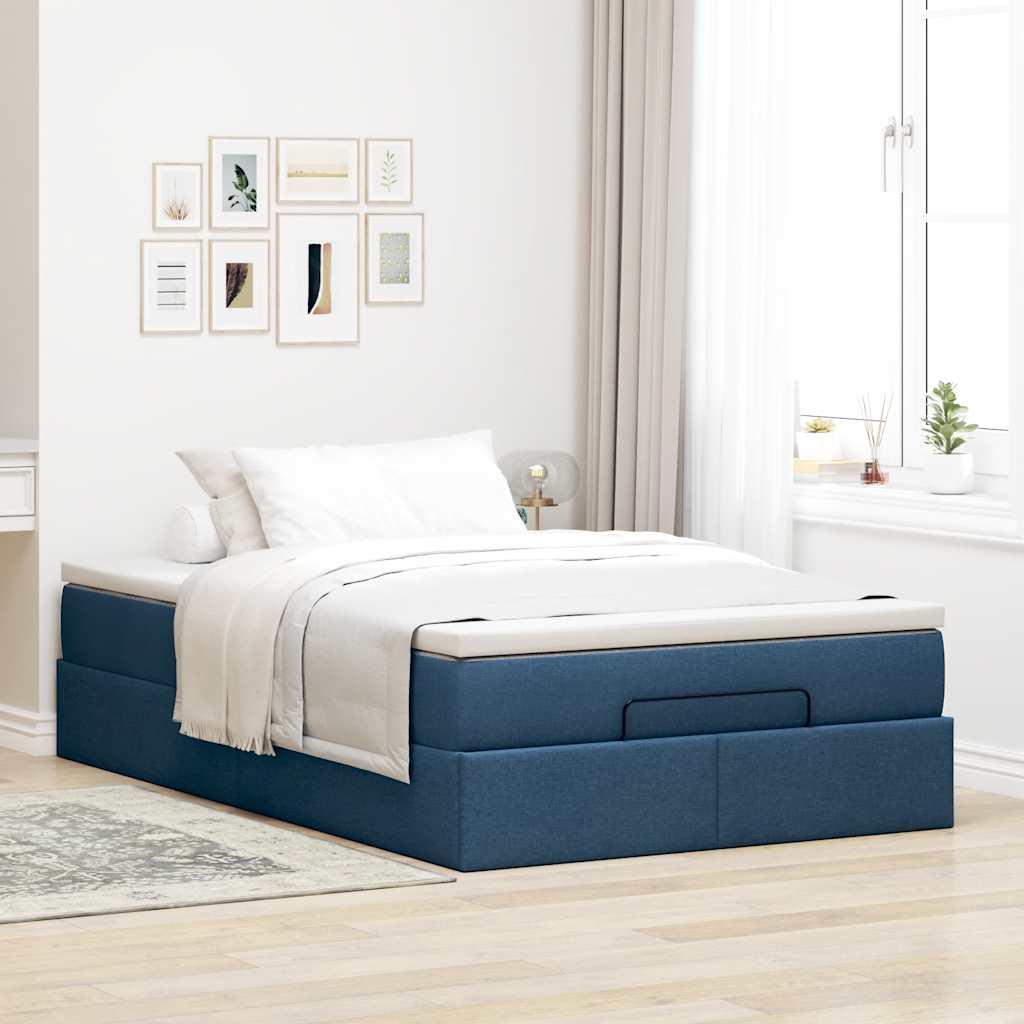 Cadre de lit ottoman avec matelas bleu 120x200 cm tissu