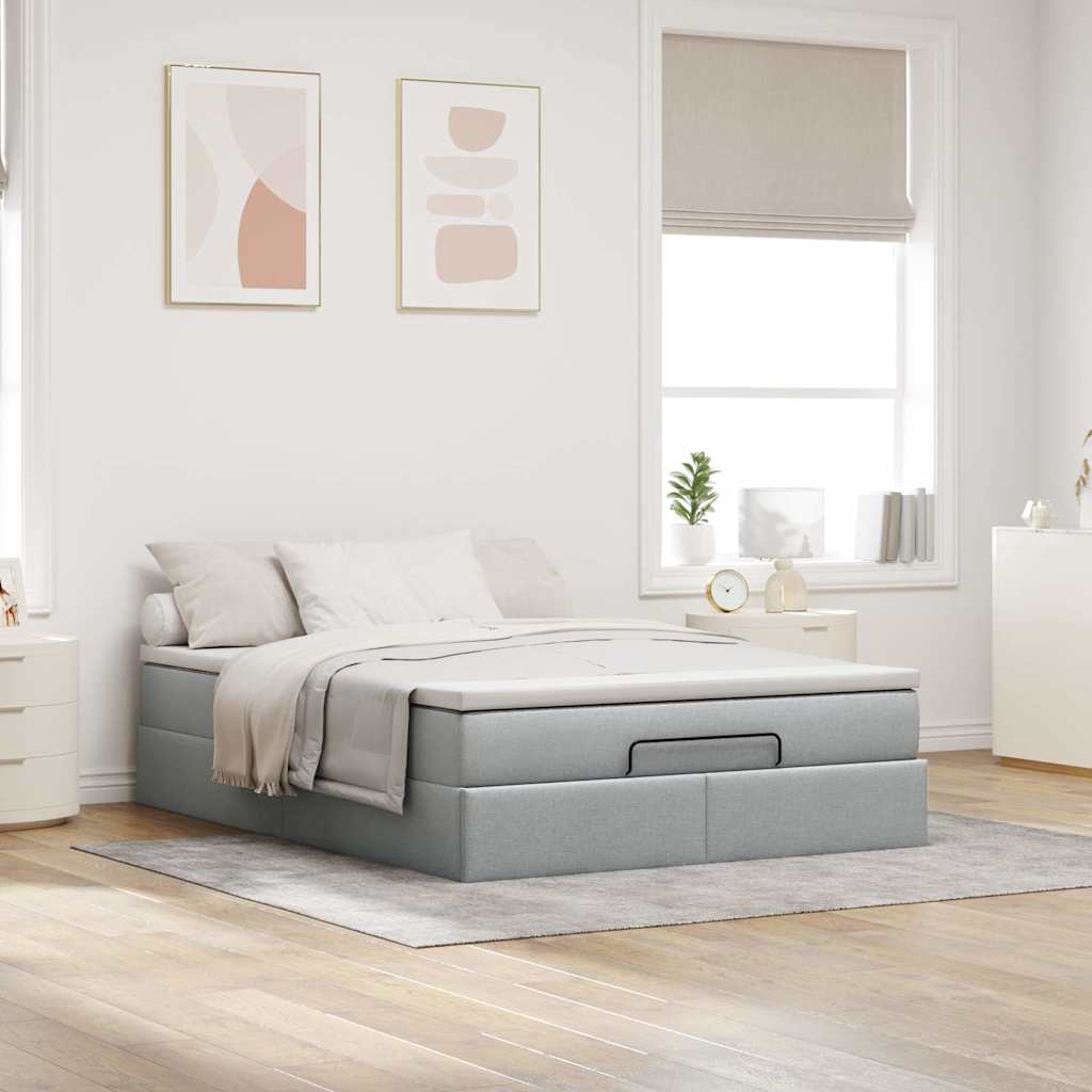Cadre de lit ottoman et matelas gris clair 140x190 cm tissu - XIOS