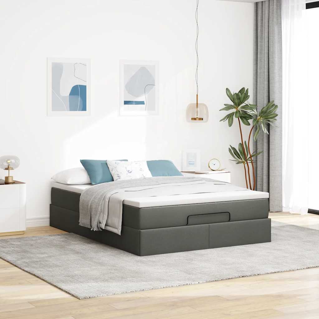 Cadre de lit ottoman avec matelas gris foncé 140x190 cm tissu - XIOS